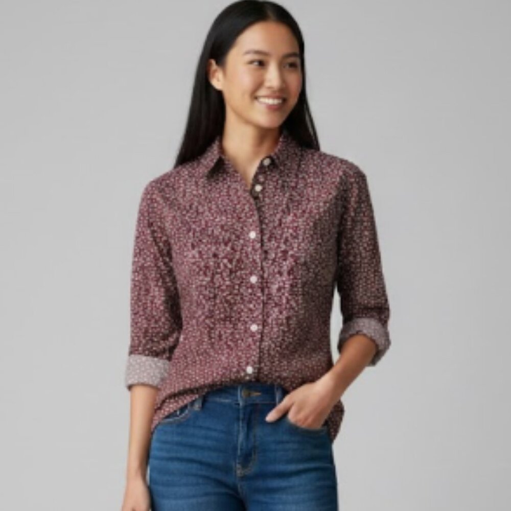 L.L. Bean Women S Burgundy Floral 100% Cotton Wrinkle Free Button Up Shirt LS